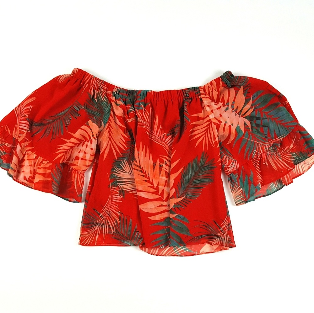 NWT REBECCA MINKOFF Faith Lipstick Print Tropical Palm Off Shoulder Ruffle - Picture 4 of 8